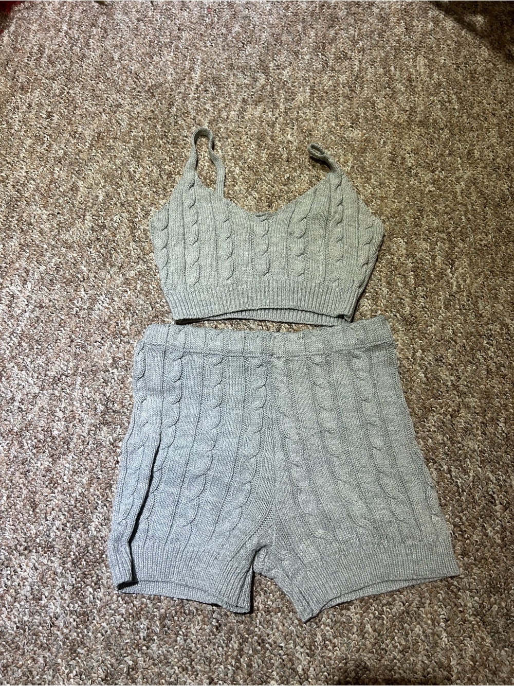 SHEIN Taupe Cable Knit Crop Bandeau & Shorts Set